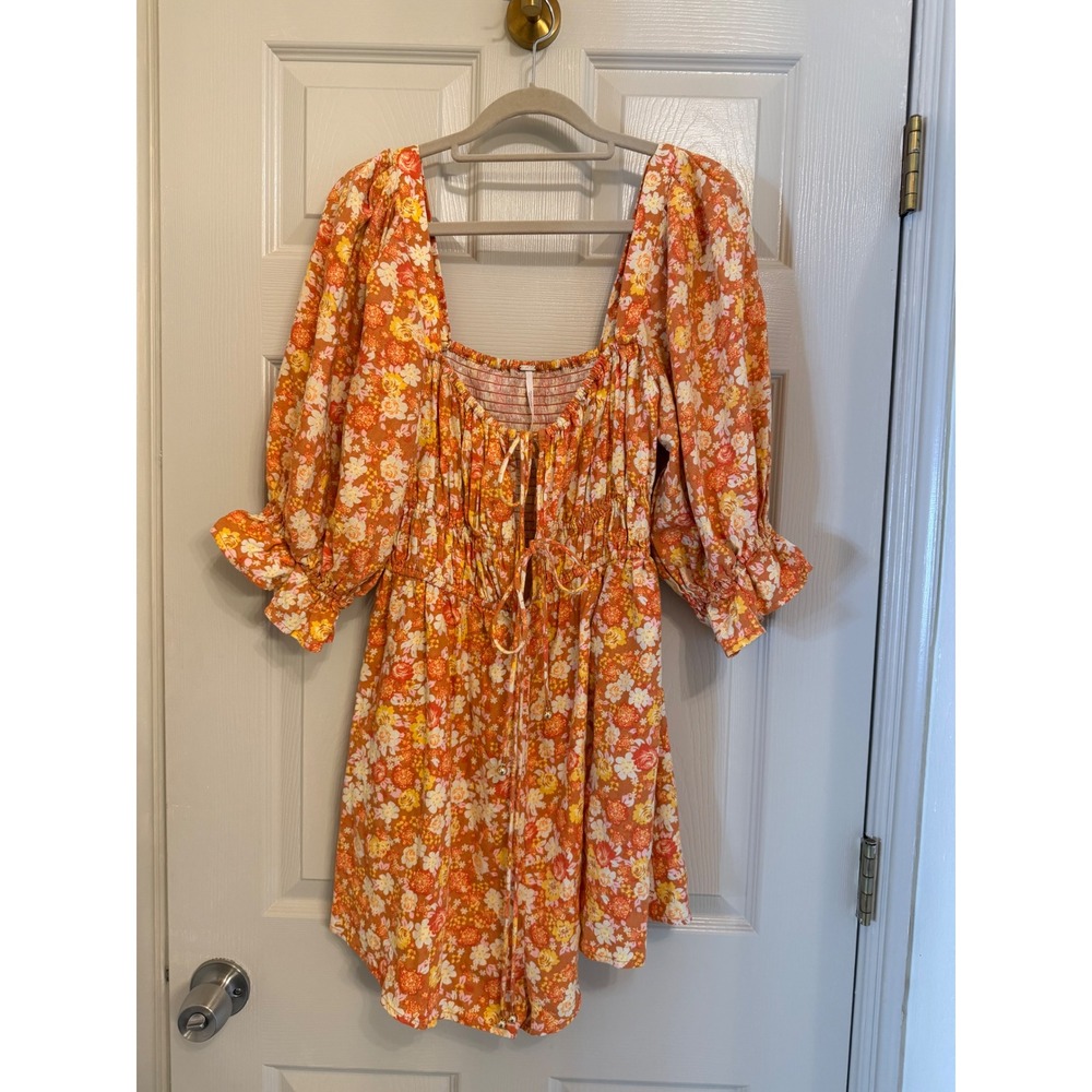 Free People Floral Smocked Puff Sleeve Romper Orange Yellow Medium